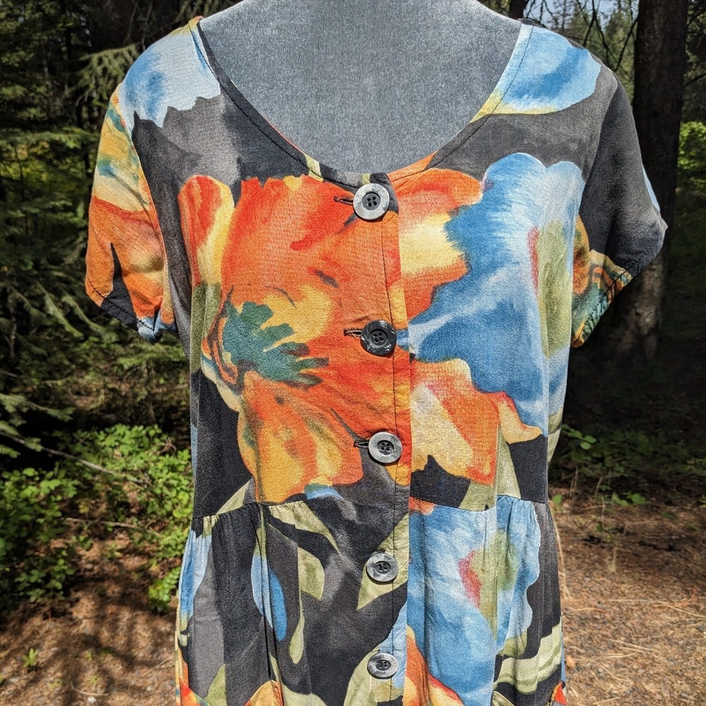 Vintage 90s Watercolor Floral Rayon Mini Dress M Button Front Babydoll Pockets - Picture 2 of 16